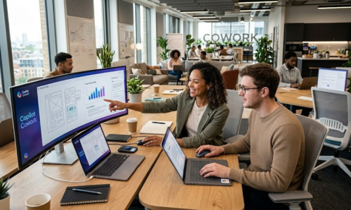 Photographie de deux professionnels, une femme et un homme, collaborant dans un espace de co-working moderne et lumineux. La femme pointe du doigt un grand écran incurvé affichant le titre 'Copilot Cowork', des maquettes d'applications mobiles, des graphiques et des analyses de données. L'homme assis à côté d'elle regarde son ordinateur portable. D'autres collègues travaillent en arrière-plan sous une enseigne murale 'COWORK' et des vues sur la ville.