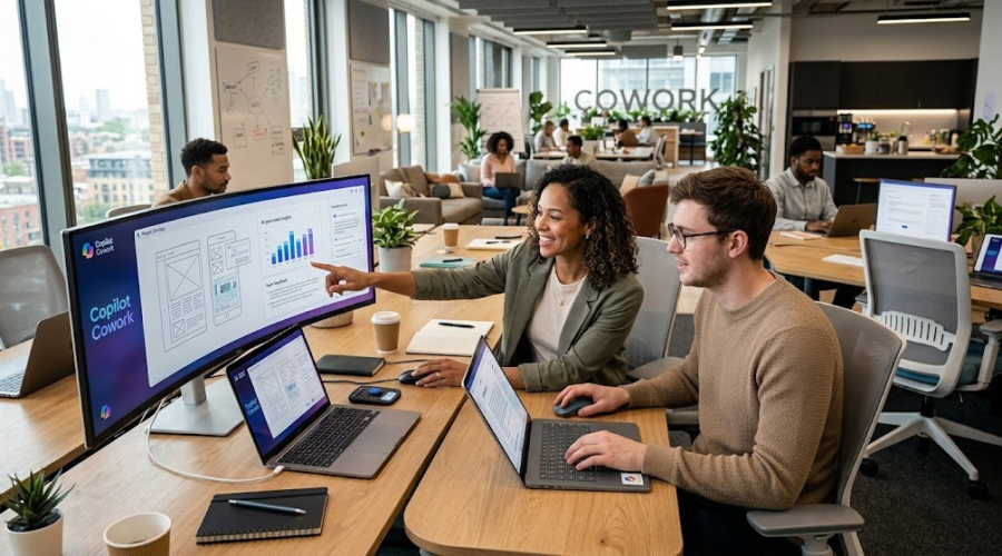 Photographie de deux professionnels, une femme et un homme, collaborant dans un espace de co-working moderne et lumineux. La femme pointe du doigt un grand écran incurvé affichant le titre 'Copilot Cowork', des maquettes d'applications mobiles, des graphiques et des analyses de données. L'homme assis à côté d'elle regarde son ordinateur portable. D'autres collègues travaillent en arrière-plan sous une enseigne murale 'COWORK' et des vues sur la ville.